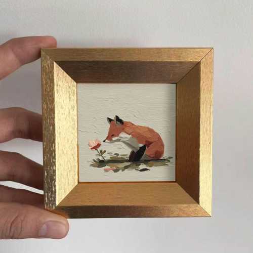Mini Fox Oil Painting, Original Hand Painted Animal, Whimsical Floral Artwork, Minimalist Wall Art Decor,  Gift for Friends