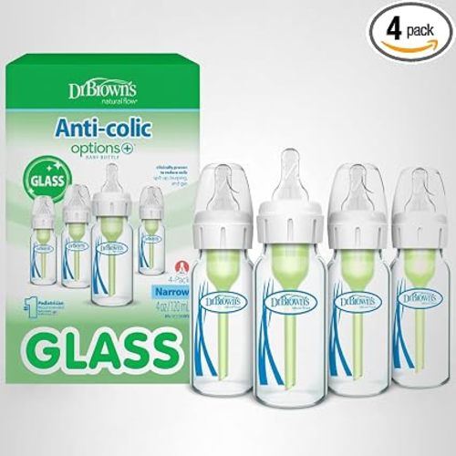 Dr. Brown's Anti-Colic Options+ Narrow Glass Baby Bottle with Level 1 Slow Flow Nipple, BPA-Free, 4 oz/120mL, 4-Pack