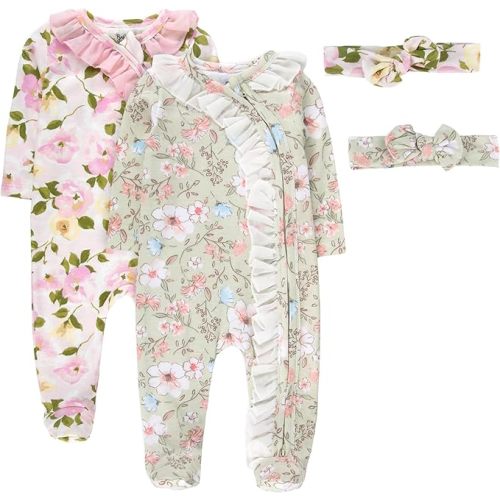 Baby Essentials Baby Girl Sleepers,4 Piece Outfit Set, Romper Footies and Headband – All Season Baby Clothes Gift Set