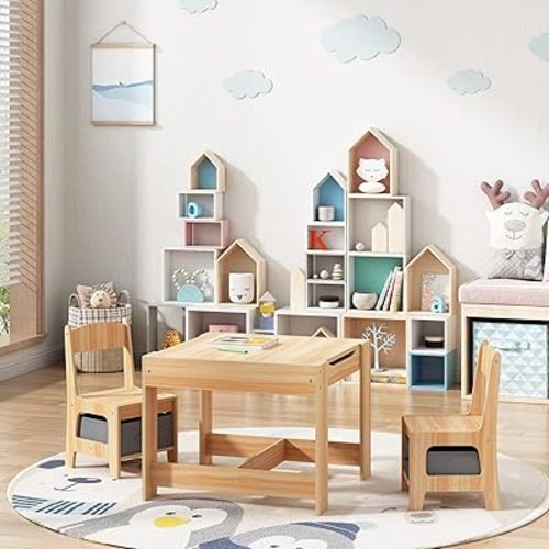 Sandinrayli Wooden Kids Table and Chair Set, 3 in 1 Kids Dining Table with Chairs, Toddler Table and Chair Set with Storage Drawer, Children Activity Table for Playing, Drawing, Reading