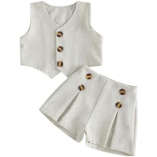 Toddler Baby Girl Linen Outfit Sleeveless Button Vest Tops and Pleated Shorts Summer Clothes Set