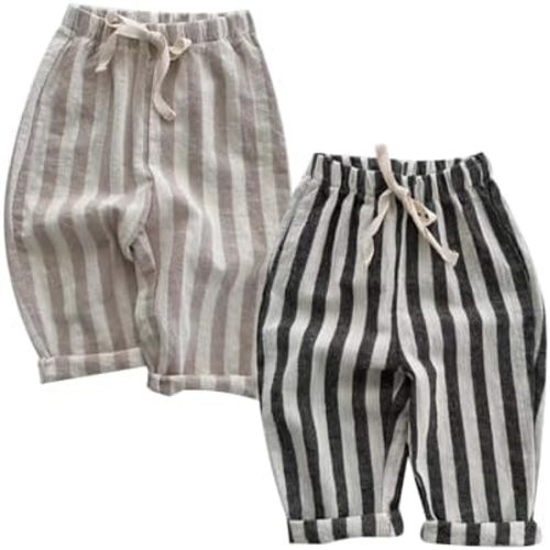Boys Striped Pants Toddler Baby Linen Harem Pants Soft Comfortable Stretchy Drawstring Elastic Waisted Trousers