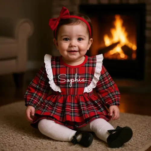 Christmas Baby Romper: Red Tartan plaid white lace Ruffle Outfit 0-3 months, just romper