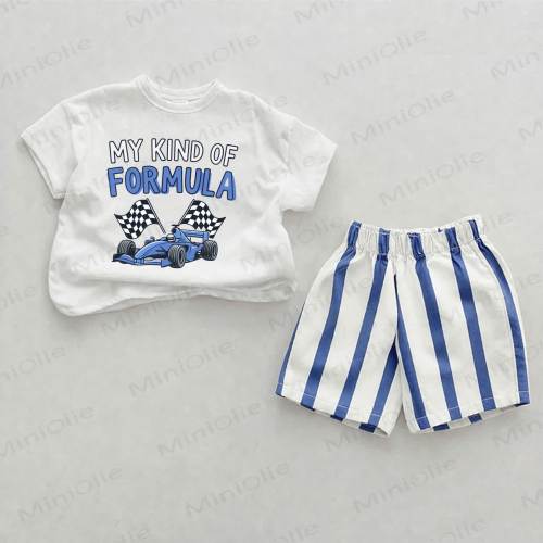 MY KIND OF FORMULA Baby Race Car Blue Vertical Striped 2-piece Shorts Set