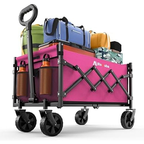 Collapsible Wagon with Wheels, 220 lbs Wagons Carts Foldable Wagon Cart with Flexible Handle, Lightweight Portable Folding Utility Grocery Shopping Cart for Grocery Sports Garden Camping, Pink