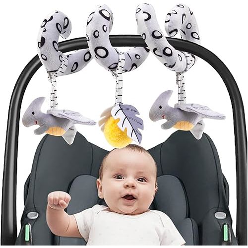 High Contrast Baby Car Seat & Stroller Toys - Black & White Spiral Activity Toy for Infants 0-12 Months, Dinosaur Design, Safe & Stimulating for Visual Development