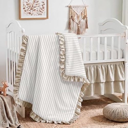 3 Pcs Beige Stripe Crib Bedding Set for Baby Girls & Boys