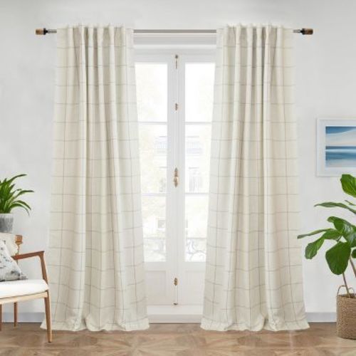 DriftAway 100% Blackout Windowpane Plaid Linen Curtains Yarn Dyed Woven Lined Farmhouse Drapes Taupe 52X84