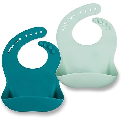 Simka Rose Silicone Baby Bibs with Food Catcher - Adjustable Soft Catch All Bib for Boys & Girls - High Chair Dining Table