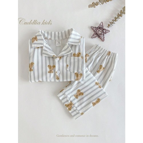 2pcs Baby Boy Cute Bear Print Grey & White Striped Long Sleeve Top And Pants Elegant Comfortable Pajama Set Bear Pajama Set Kids Pajama Set Baby Boy Pajama Set Toddler Pajama Set Fall Winter Cute Bear Pajama Set Striped Bear Print Pajamas Baby Boy Sleepwe