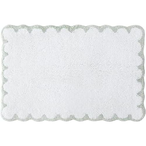 Peri Home Scalloped Bath Rug - Soft & Absorbent 100% Cotton Tufted Bath Mat, 20" x 30", White with Sage Scallop