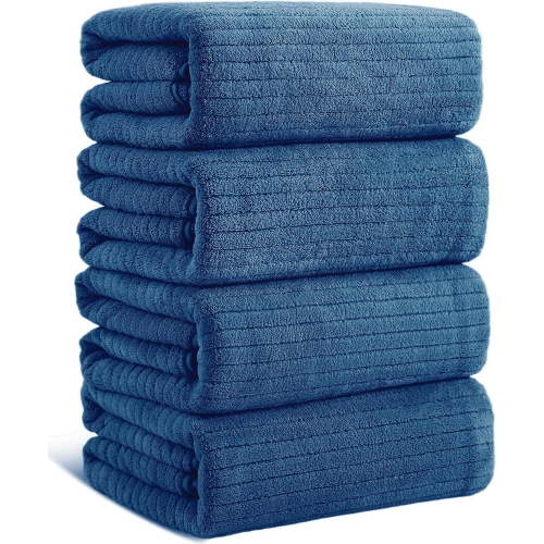 Jessy Home 4 Pack Navy Blue Stripe Large Bath Towels Set Oversized Microfiber Bath Sheet Soft Towel Set