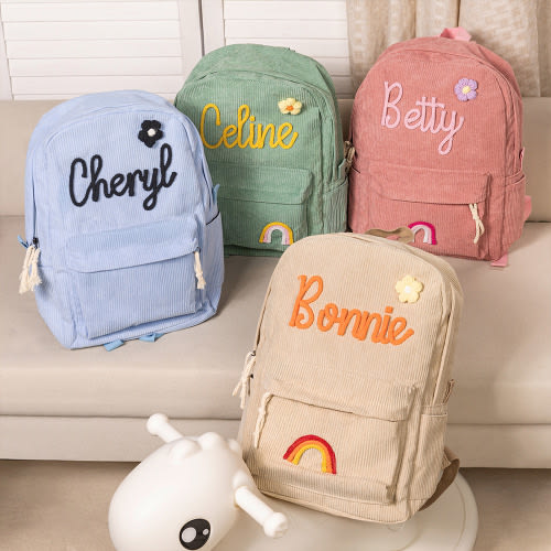 Personalised Braided Flower Rainbow Name Corduroy Kid Toddler Backpack for Preschool Kindergarten Birthday Back to School Gift for Boys Girls - CALLIE