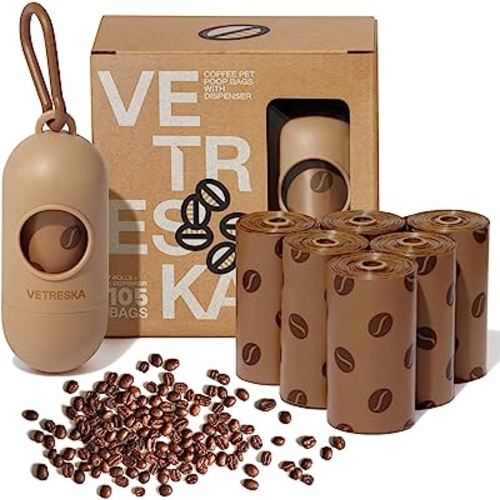 VETRESKA Dog Waste Bag Dispenser with Coffee Scent - Leak Proof, Extra Thick Pet Waste Bags - 1 Bag Holder, 105 Bags (7 Refill Rolls) for Dogs and Cats