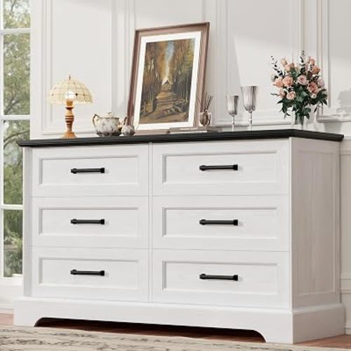 YESHOMY Dresser for Bedroom, Farmhouse 6 Drawers Dressers, White and Black