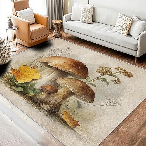 Mushroom Rug, Washable 4x5 Rug for Living Room, 3D Natural Plant Patterned Indoor Carpet, Mushroom Decor for Home, Bedroom, Soft Non Slip Thin Design EER186