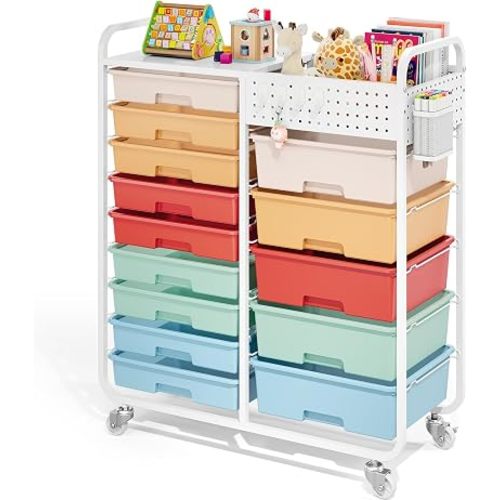 Rolling Storage Cart with 14 Drawers, Storage Organizer Cart with Tabletop and Pegboard,Utility Cart for Living Room, Classroom, Bedroom,Bathroom,Dorm,Office (Rainbow)