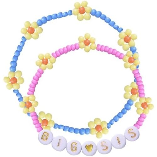 LParkin Big Sister Bracelet Set for Toddler Girls - Adjustable 2PCS Stretch Bracelets, BIG SIS Beaded Gift for Sisters (Pink & Blue)​