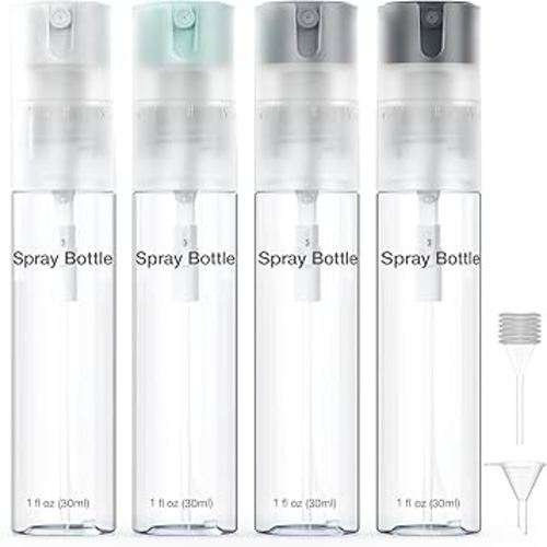 4 Pack Refillable Spray Bottle, Reversible Small Empty Spray Bottle with Fine Mist, Leak Proof - for Cleaning Solutions, Mosquito prevention, Face & Hair Mist - 4pk 1 OZ / 30 ML
