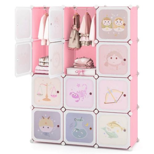 Costway 12-Cube Kids Wardrobe Baby Dresser Bedroom Armoire Clothes Hanging Closet with Doors Pink