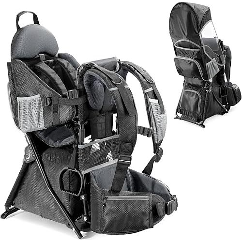 besrey Baby Backpack Carrier, Toddler Hiking Backpack with Safety 3-Height Seat, Adjustable Straps&Waist Belt, Foldable Frame Lightweight Large Capacity Child Carrier for Hiking (Shiny Black)