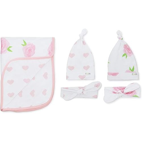 Ziggy Baby Peony & Heart 5 Piece Blanket, Hat and Headband Collection Pink White