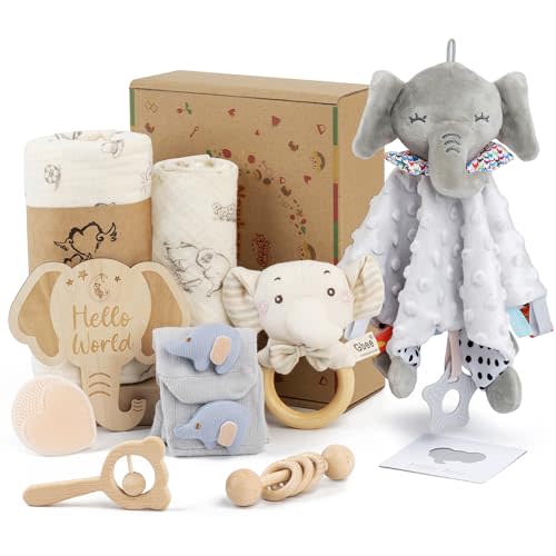 Elephant Baby Gift Set- 10 Piece Newborn Present Box with Essentials | Include swaddle blanket, security blanket, bib, socks, milestone card, silicone brush, greeting card for Baby Shower