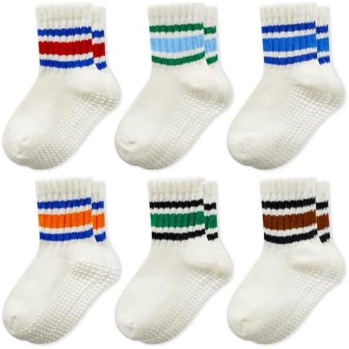 BONANGEL Baby Socks with Grips, 6 Pairs Combed Cotton Seamless Non Slip Crew Socks for Infant Toddler Girls Boys 0-5T