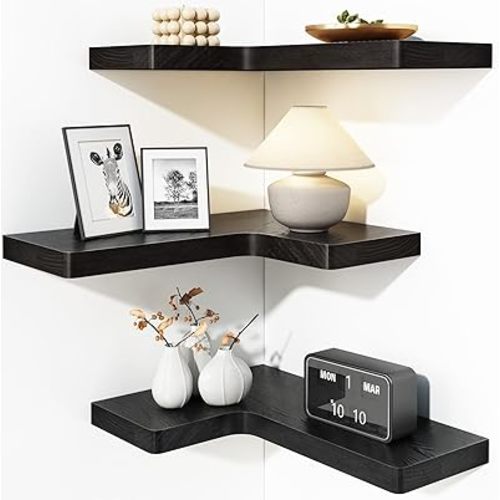 Corner Floating Shelves for Wall Mounted Natural Solid Wood 16"x11.4" Farmhouse Home Decor Display Shelving Set of 3 (Black)