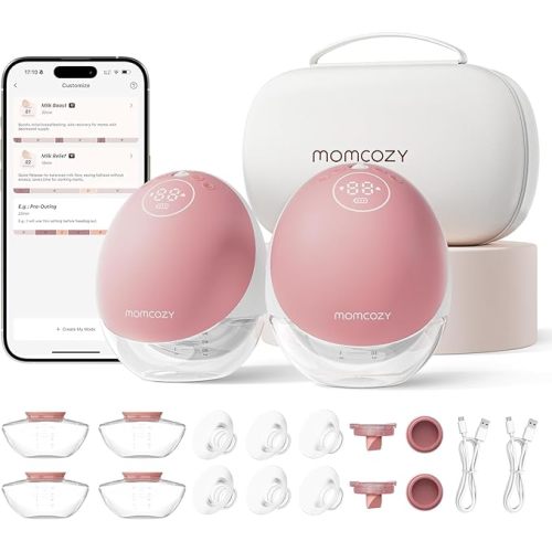 Momcozy Wearable Breast Pump, Hands Free Upgraded Mobile Flow | M9, App Discreet Control with Personalized Multi-Modes & 15 Levels, Wearable Breast Pump 24mm, 2 Pack Cozy Red