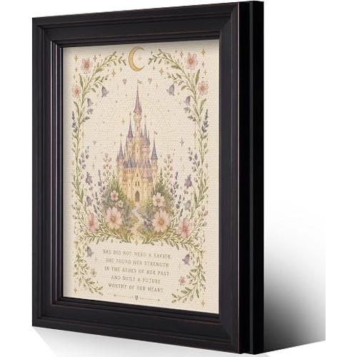 Framed Literature Book Quote Canvas Wall Art, Pastel Fantasy Floral Crown Poster, Once Upon A Time Positive Bookish Print, Whimsical Pink Flowers Picture for Library Home Reading Nook 12x16in
