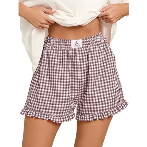 ANRABESS Womens Gingham Striped Ruffle Boxer Shorts