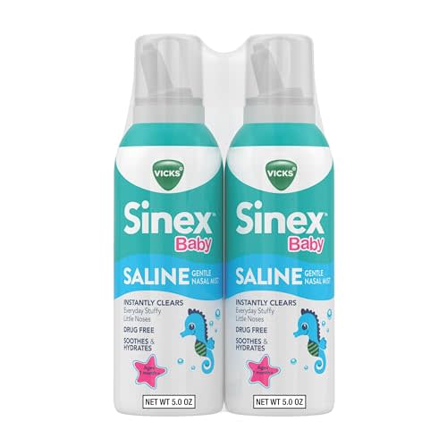 VICKS Sinex Baby Saline Nasal Spray, Drug Free Gentle Nasal Mist, Instantly Clears Everyday Stuffy Little Noses, Soothes & Hydrates, Safe For Daily Use, Gentle For All Ages, 5 OZ x 2