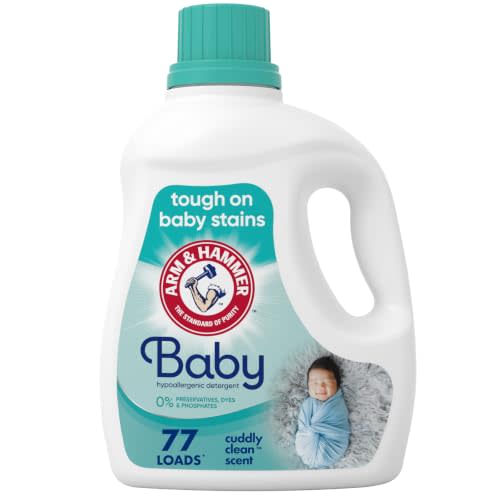 ARM & HAMMER Baby Hypoallergenic Laundry Detergent Liquid, 100.5 Fl Oz | Tough on Baby Stains, No Preservatives, Dyes and Phosphates, Cuddly Clean Scent