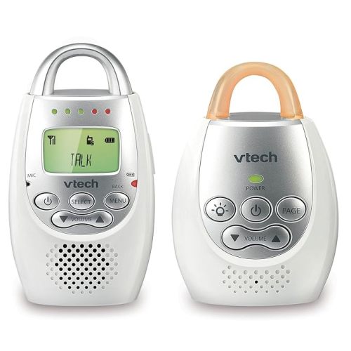 VTech Communications DM221 Audio Baby Monitor with up to 1,000 ft of Range, Vibrating Sound-Alert, Talk Back Intercom & Night Light Loop, White/Silver