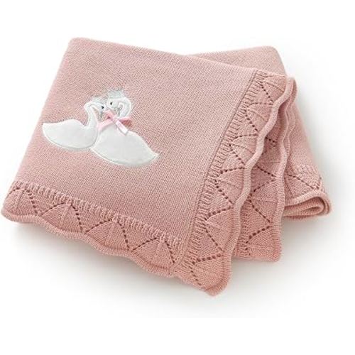 LAWKUL Cotton Baby Blanket for Girls Boys, 31.5x40 Inch (Pink) | Crochet Knit, Neutral, Crib Nursery Receiving Swaddle, Cute Embroidered