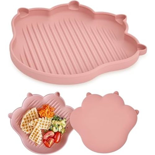 MEOW Plate Baby Toddler Plates, Baby Feeding Essentials 100% Food-Grade Silicone Led Weaning Supplies BPA Free Toddler Soft and Durable Silicone Plate Feeding Supplies BPA Free Kids Dry Rose