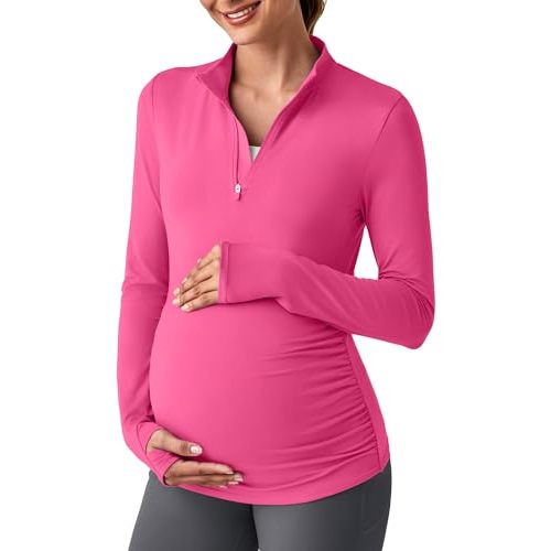 G4Free Lightweight Maternity Long Sleeve Workout Tops UPF 50+ Rash Guard Half Zip Sun Shirts Ruches Pregnancy Pullover