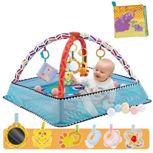 WYAJU Baby Play Gym Mat with Ball Pit, Tummy Time Mat for Floor Activity Thickened Mat Including 18 Balls with 5 Infant Learning Sensory Baby Toys Skill Development for Newborn Toddler Boy Girl Gift