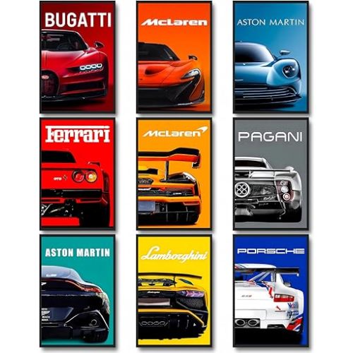 dazongweihan 9pcs Super Car Posters for Boys Room, Racing Car Wall Art for Men Guys, Sports Car Wall Decor, Race Cars Pictures Wall Decor for Bedroom Dorm Man Cave (Unframe,8x12inch) (T1)