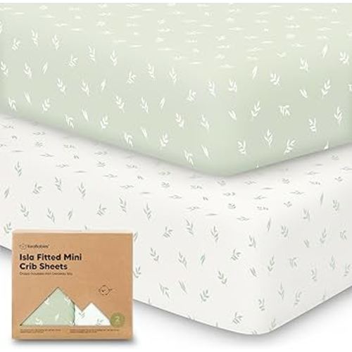 Pack and Play Sheets Fitted - 2-Pack Mini Crib Sheets for Pack N Play Mattress 38x26, Soft & Cozy, Neutral Toddler Playard Bedding, Snug Fitted Mini Baby Crib Mattress Cover Boy, Girl (Herb)
