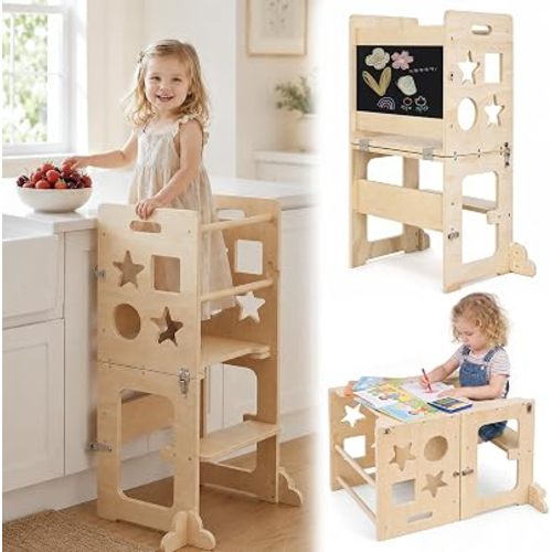 4-in-1 Wooden Toddler Standing Tower, Foldable Kitchen Tower Helper Stool