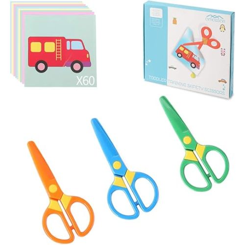 3-Pack Toddler Safety Scissors Kit - Child-Safe Preschool Training Scissors & 60 Sheets Craft Paper | Ergonomic Blunt Tips, Early Childhood Development Tools for Kids 2-5 Years