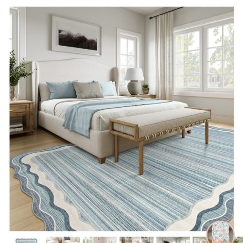 Estelle Washable Modern Abstract Bordered Scalloped Blue Rug