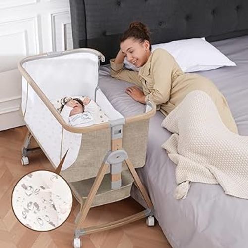 Baby Bassinet, Bassinet Bedside Sleeper with Waterproof Bassinet Sheets and Soft Mattress, Safe Adjustable Height Bedside Bassinets with Wheels, Girl/Boy Bassinets, Khaki