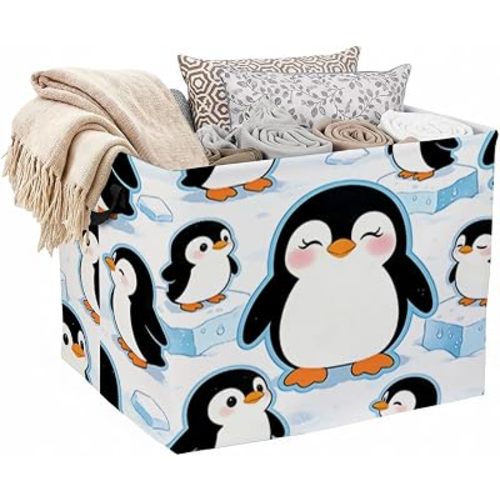 Cute Penguin Foldable Laundry Basket Hamper with Handles, 56L Large Capacity Toy Storage Organizer, Collapsible Clothes Hamper for Home Decor and Bedroom Organization.