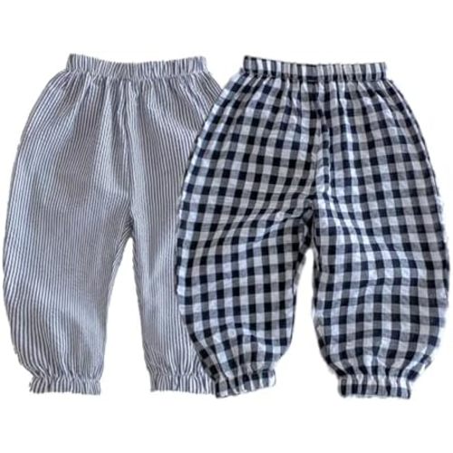 Ashmyova Toddler Boys Girls Classic Plaid Trousers Kids Casual Ankle Stripe Pants Loose Long Bloomers 2Pcs