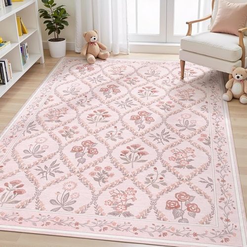 Pink Rug for Bedroom Girls, 5x7 Washable Rug for Floral Nursery Decor, Cute Soft Low-Pile Non Slip Indoor Floor Carpet for Baby Kids Room Playroom Living Room Dorm, Pink Multi