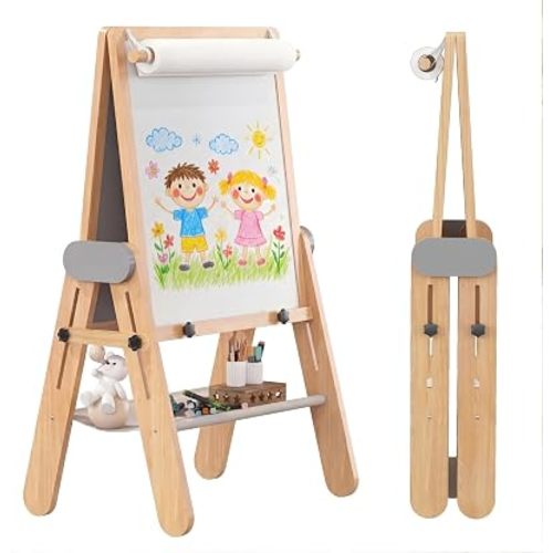 BanaSuper 3-In-1 Folding Kids Art Easel - Double-Sided Foldable Wooden Art Easel with Chalkboard & Whiteboard, Height Adjustable, Portable Art Station with Paper Roll Holder, Ideal Gift for Girl & Boy