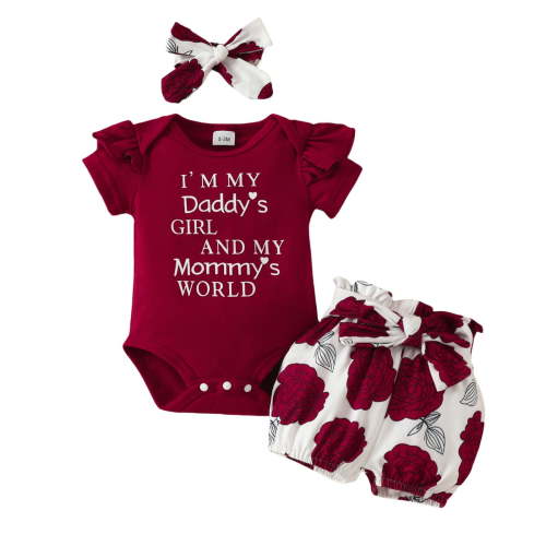 MEZZALL Baby Girls Clothes Summer Outfits Short Sleeve Daddy Mama Saying Romper Floral Shorts Headband, Red, 3-6 months